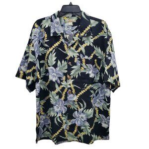Tommy Bahama Men's Black Blue Silk Coconut Button Tropical Aloha Camp Shirt L